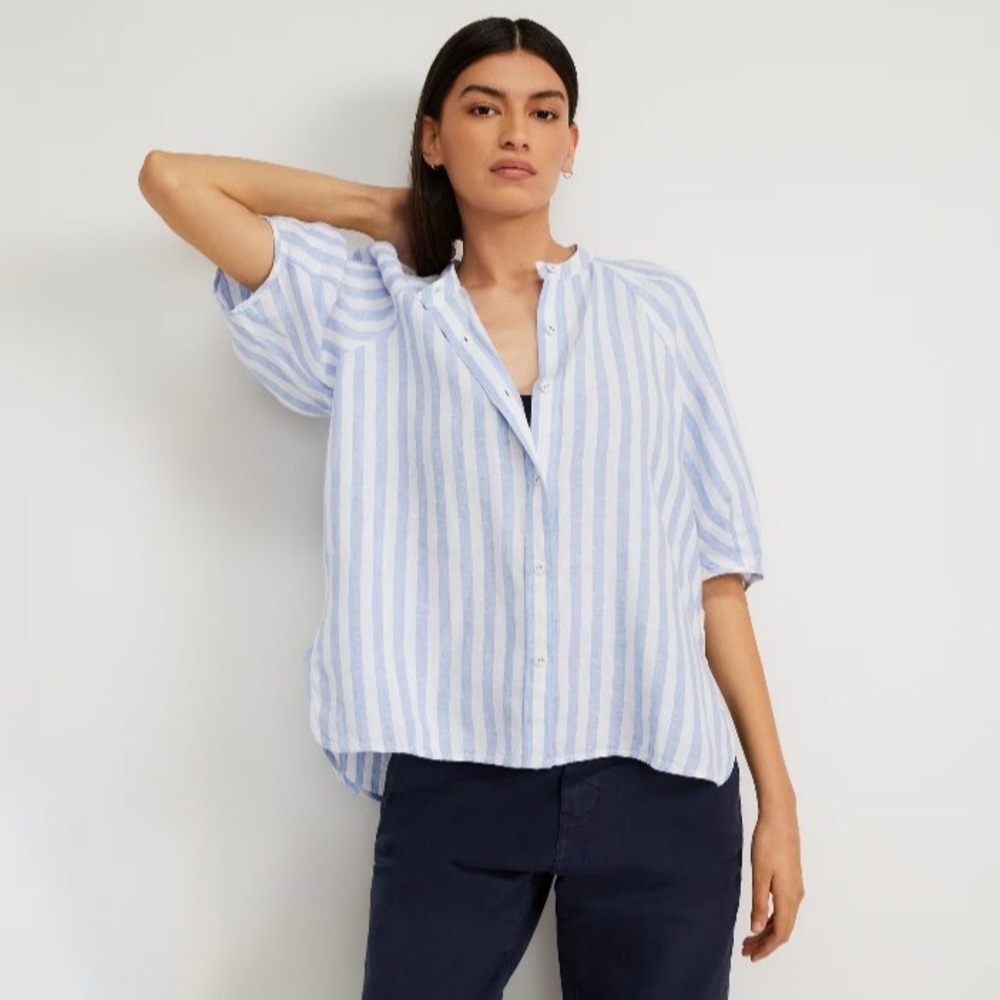 Everlane Striped Linen Puff Sleeve Button Down Top
